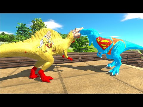 SAITAMA SPINOSAURUS vs BATMAN T-REX vs SPIDERMAN SPINO DEATH RUN - Animal Revolt Battle Simulator