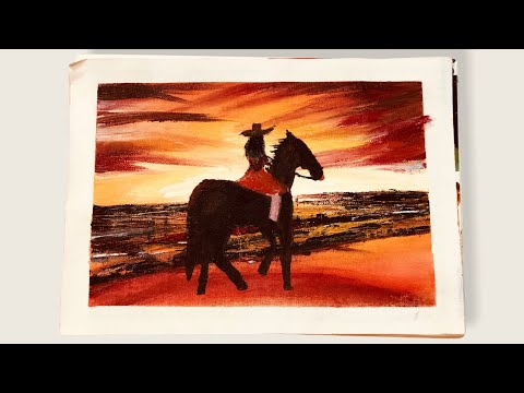Acrylic Painting Beach Sunset Landscape |Pointing of Girl on horse