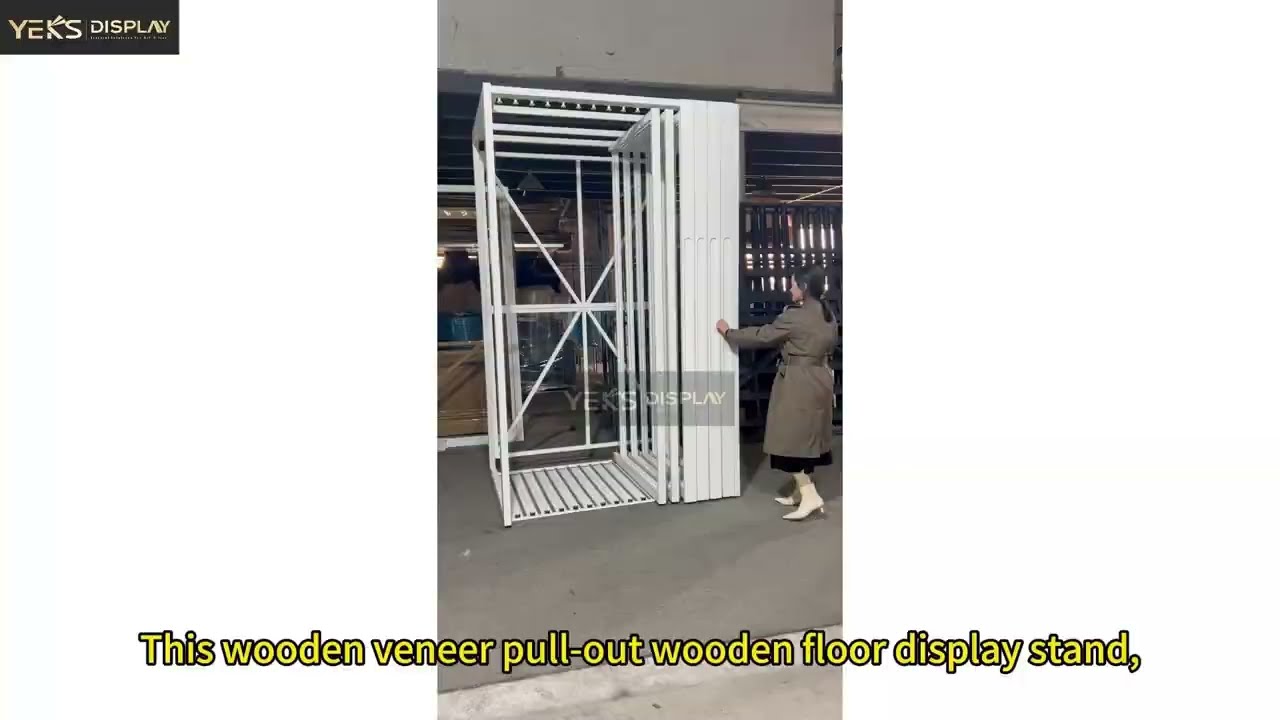 White frame pull-out wooden floor display stand - Yeks