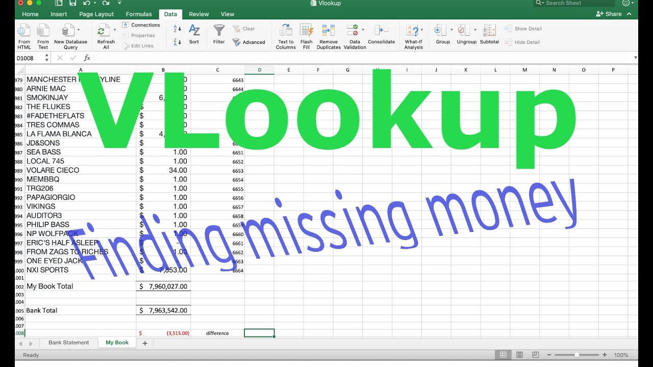How to Use VLookup for Bank Reconciliation - Excel (book balancing)