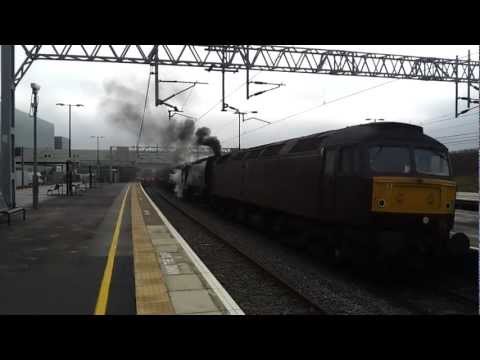 Class 47 no 47500 and Steam loco 34067 Tangmere arriving at Milton Keynes on 3/1/13