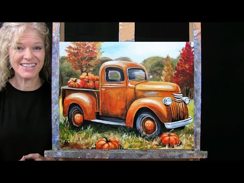 Learn How to Draw and Paint with Acrylics PUMPKIN PICKUP-Easy Painting For Beginners-Time Lapse