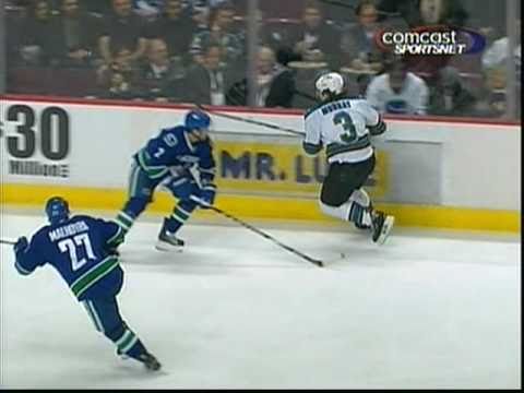 Dan Hamhuis with a beautiful hipcheck on Douglas Murray