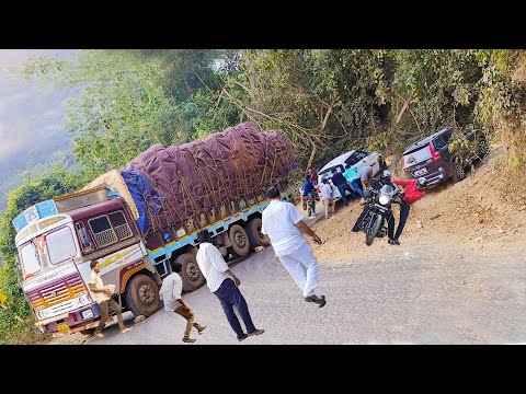 Insane Truck Stuck at Hair Pin Curve with Tires Spinning and Burning - Ghat Road Driving Difficulty
