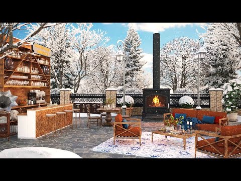 Cozy Winter Porch Coffee Shop Ambience with Relaxing Jazz Music & Fireplace