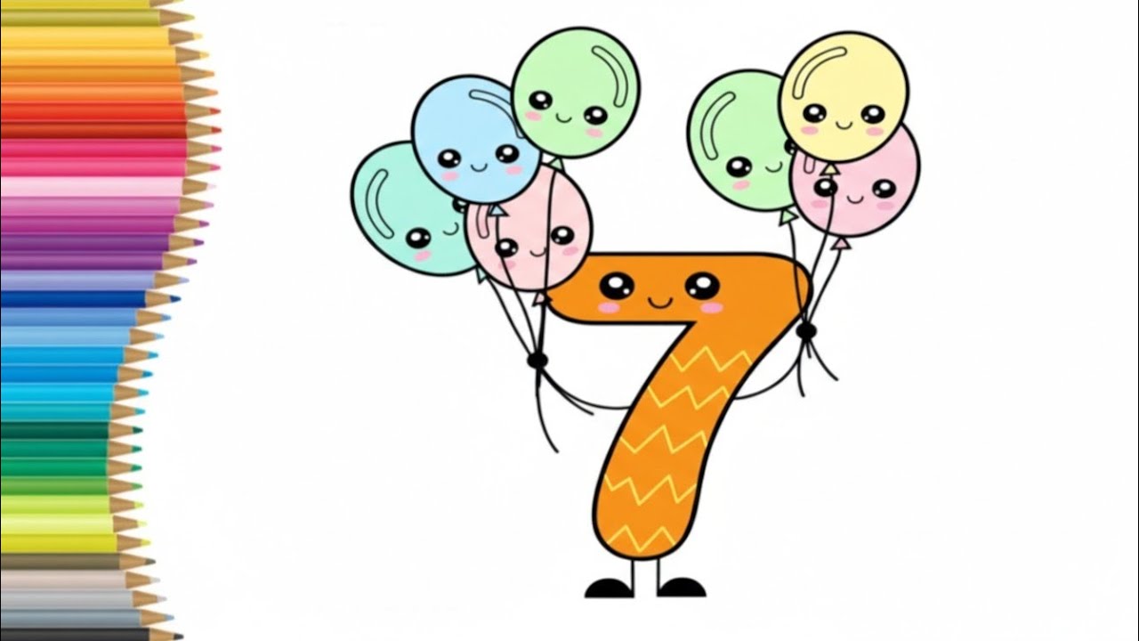 Number 7 Coloring Page 🎈 | Cute Balloon Number Seven Drawing for Kids | Learn Numbers