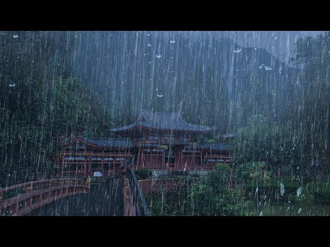 Goodbye insomnia in 3 minutes with the pouring Rain covering the temple in the dense forest