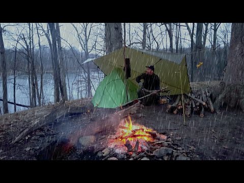 Solo CAMPING in the RAIN with Tent & Tarp | Hilltop next to a LAKE