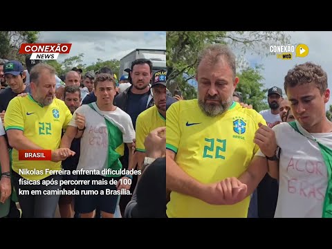 Vídeo: Nikolas Ferreira enfrenta dificuldades físicas após percorrer mais de 100 km em caminhada rumo a Brasília.