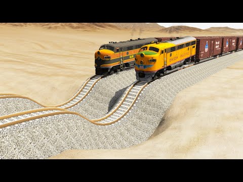 Impossible Pothole Rail Tracks Vs Trains Crossing Giant Pit - BeamNG.Drive