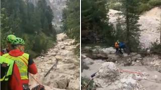 Maltempo in Val di Fassa, il video dei soccorsi: escursionisti evacuati tra frane e torrenti in p...