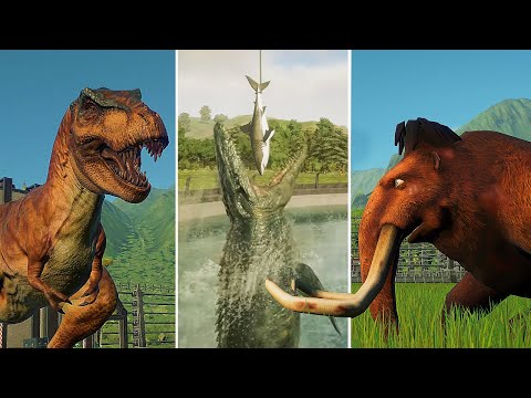 TITAN T REX VS WOOLLY MAMMOTH VS MOSASAURUS (WHO IS MOST POWERFUL) JURASSIC WORLD EVOLUTION 2