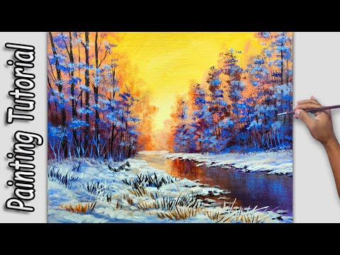 Snowy Sunset Painting Tutorial with Acrylics / Winter Landscape / Fine Art