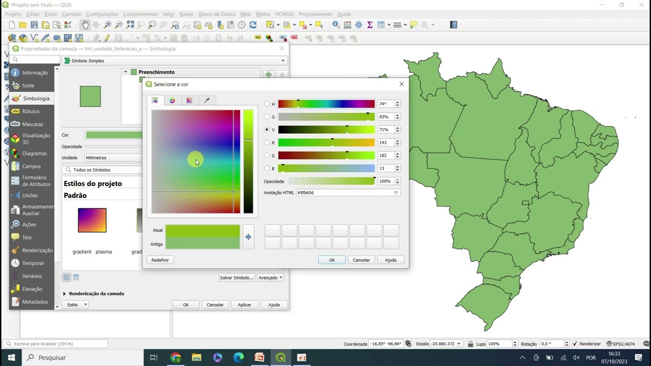 Videoaula 12: Simbologia no QGIS - estilos e alteração de cor pelo gradiente, pela roda e amostra.