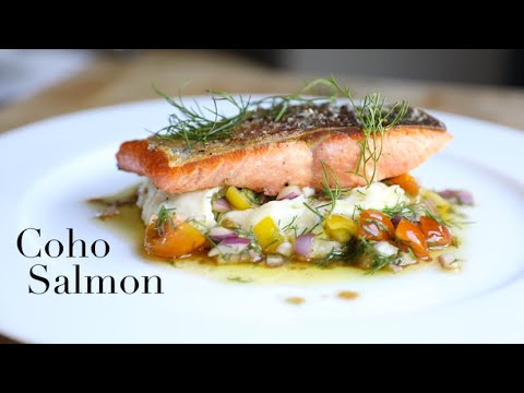 Coho Salmon, Roasted Garlic & Basil Mash, Cherry Tomato Salad