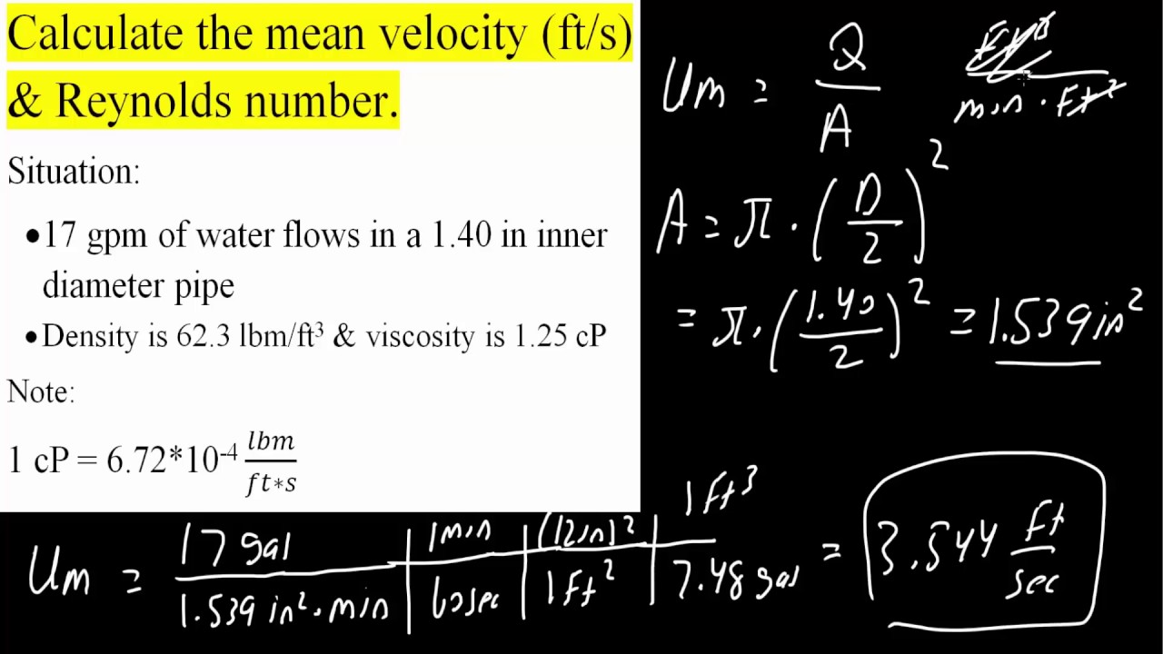 Calculate the mean velocity & Reynolds number