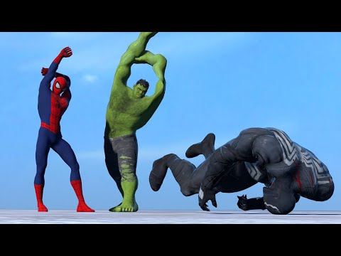 Hulk Saves Spiderman from Venom and Colourful AI Team- Active Ragdoll Physics