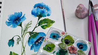 Beautiful Blue Watercolor poppies  YOU CAN DO THIS!