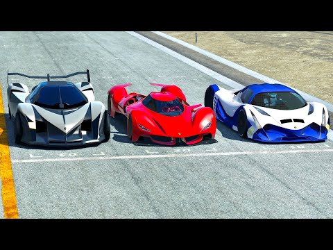 2025 Ferrari Piero T2 LM Stradale LMP1 vs Devel Sixteen 2014 vs Devel Sixteen 2019 - Drag Race 20 KM