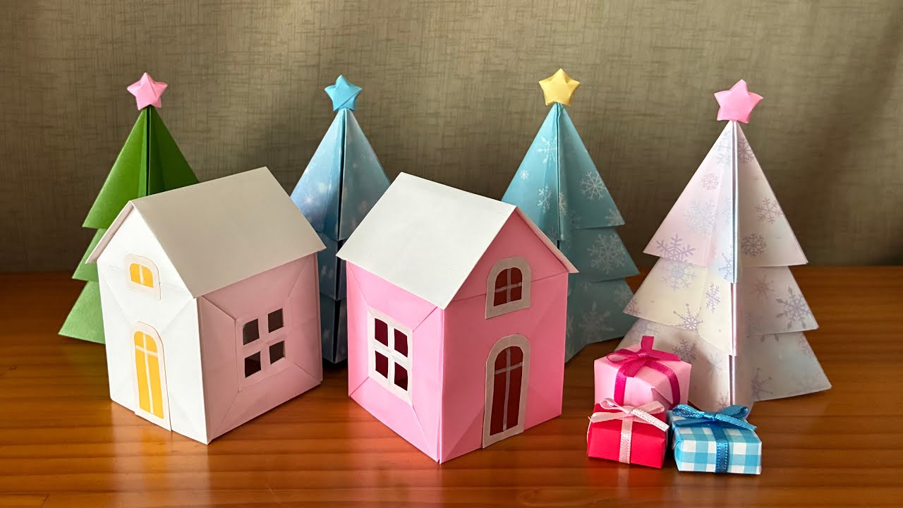 【折り紙＋ペーパークラフト】あかりの灯るクリスマスの家　⚪︎難易度やや高めです（折り方は簡単ですが枚数が多いのと細かい作業があります）