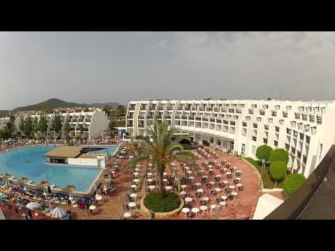 Plane flying over Club Don Toni Hotel in Playa Den Bossa, Ibiza