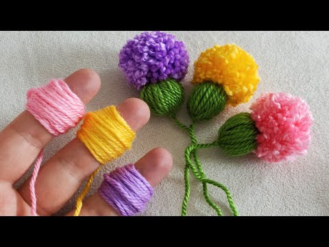 Amazing Pom Pom Flower Craft Idea with Fingers - Easy Woolen Flower Making - Hand Embroidery Trick