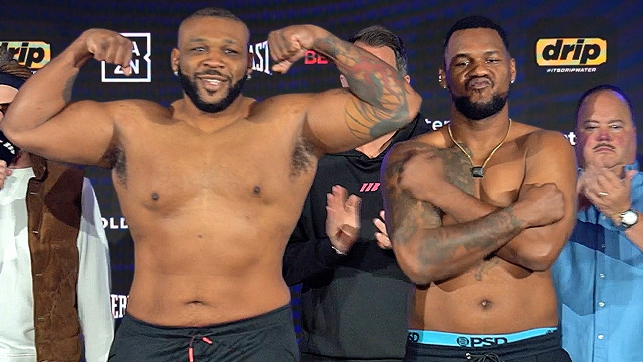 300LB Jarrell Miller FLEXES on Lenier Pero during final weigh-ins!