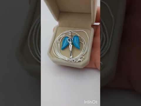 Подарок девушке кулон Ангел со вставками из натурального камня Бирюза на цепочке серебро в упаковке - фото 1 - id-p2275528669