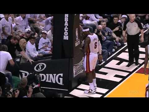 LeBron James blocks Rajon Rondo's shot and sends him flying into a camera - Game 7 2012