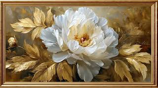 Golden Petal Glow: 4K Animated White Peony Art with Subtle Sparkle | Gold Frame TV Art
