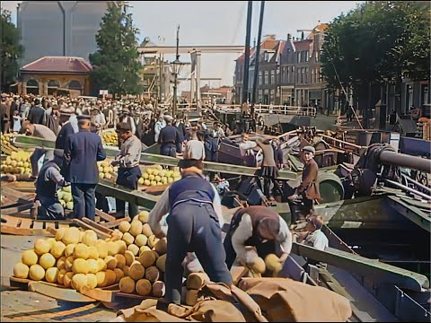 Beautiful Alkmaar (NL) and its Cheese Market over 100 years ago in 1922 (A.I. enhanced & colorized)