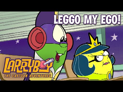 Two bright cartoon characters at a desk, one with red headphones and the other wearing a crown, under the caption 'LEGO MY EGO!' (LarryBoy: The Cartoon Adventures logo visible).