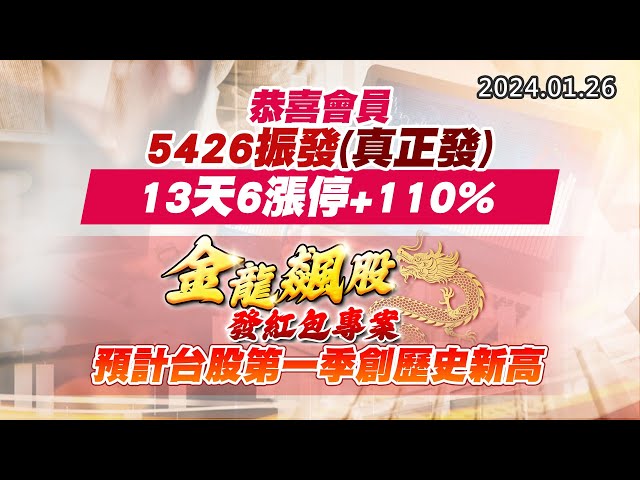 20240126《股市最錢線》#高閔漳 “恭喜會員5426振發(真正發) 13天6漲停+110%””金龍飆股發紅包專案，預計台股第一季創歷史新高”