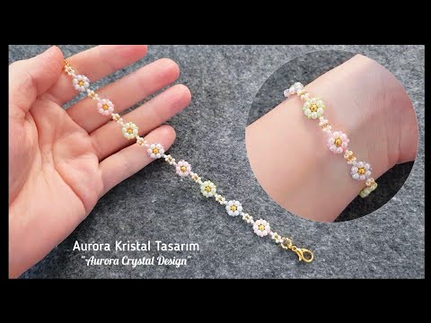 Dainty daisy bracelet making with pearls beads. Beaded jewelry, beading bracelet tutorial.