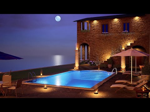 Pool Villa with Ocean View ambience at Night - Waves and bubbles sound for sleep, meditation, study