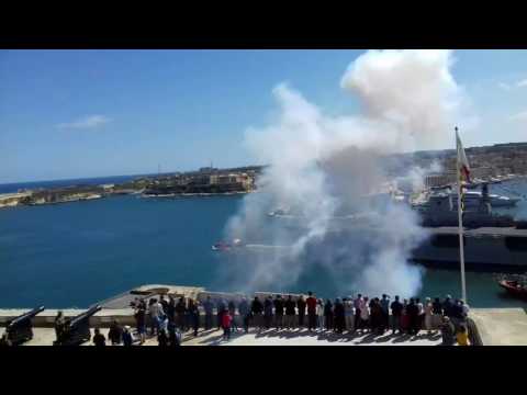 HMS OCEAN departure from Valletta's Grand harbour under full gun salute