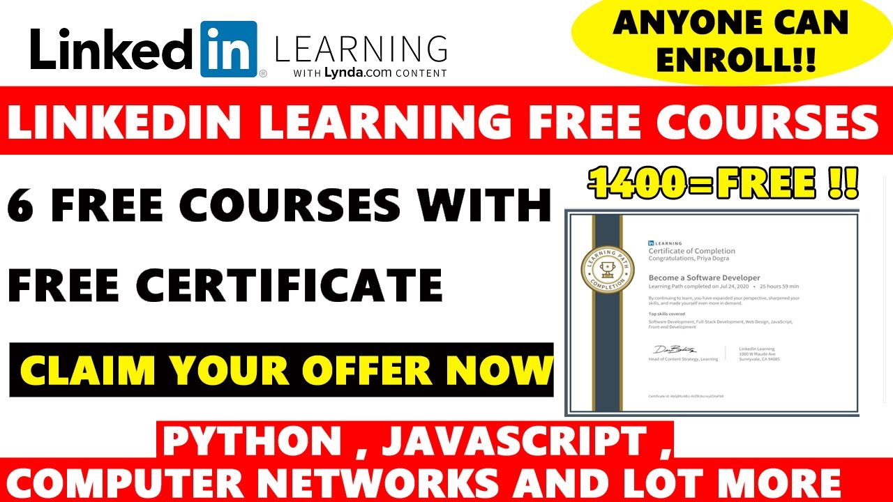 Linkedin Learning Premium Free Course with Certificate | Python , JavaScript, Graphic Design
