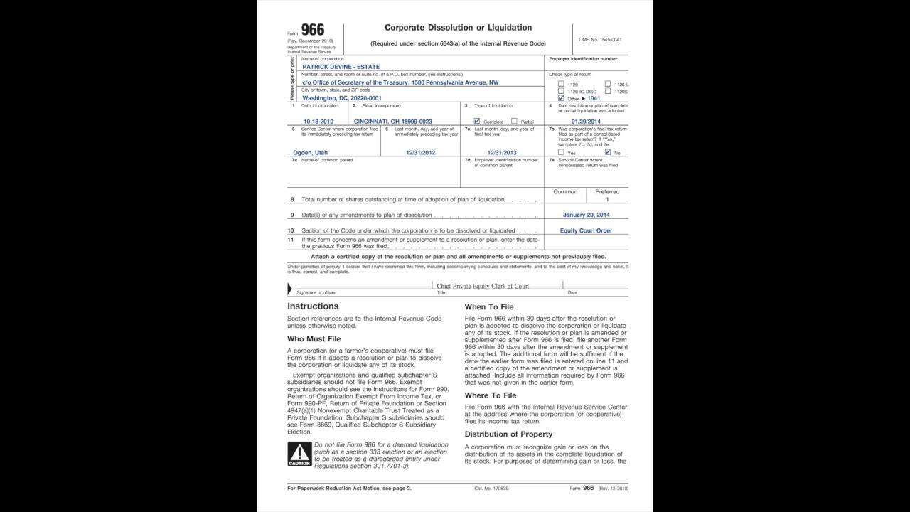 IRS Form 966 For New Banker