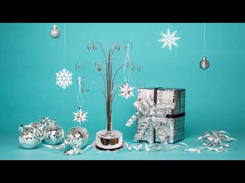 HOHIYA 16.75 Inch Mini Rotating Ornament Display Tree with 15 Hooks Silver Chrome Tabletop Christmas Ornament Stand for Swarovski Crystal Ornaments, Jewelry Charms and Keepsake Collectibles video