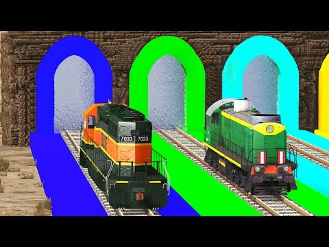 Trains vs Portal Trap Slide Color | Rails vs Flatbed Trailer Cars Transportation - Beamng.Drive