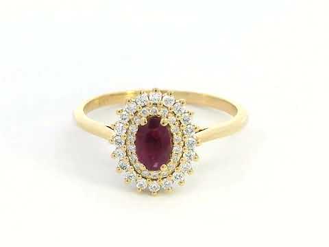 18K Gold Oval Ruby and Diamond Halo Ring