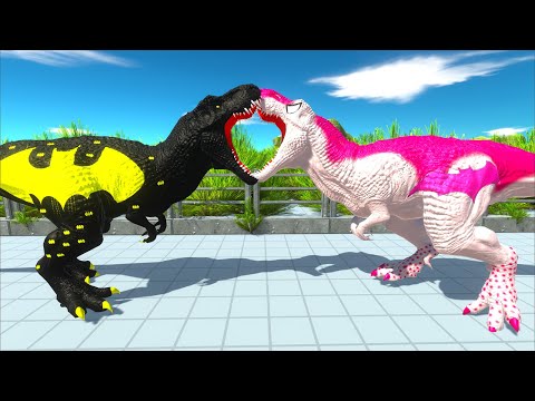 BATMAN T-REX vs IRONMAN T-REX vs BATGIRL T-REX DEATH RUN - Animal Revolt Battle Simulator