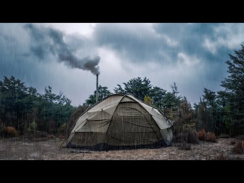 Heavy Rain and Thunder Storms - Winter Hot Tent Camping in Terrible campsite