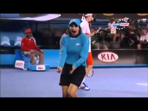 Tennis Ball girl picks up bug on tennis court
