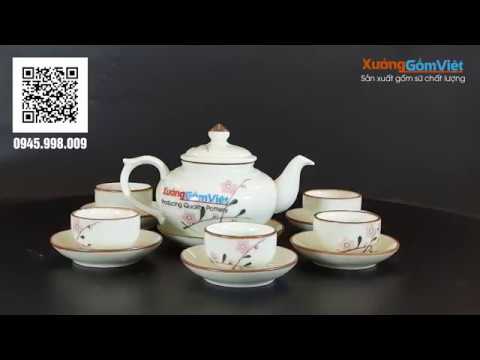 Bộ Trà Bát Tràng Quai Gờ Vẽ Hoa Đào Hồng - ATV06