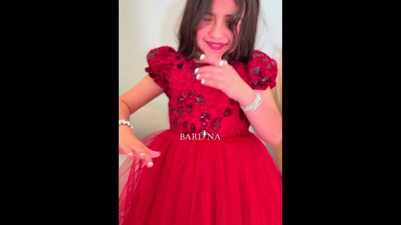 Girls' burgundy tulle dress with an embroidered bodice - year 1
