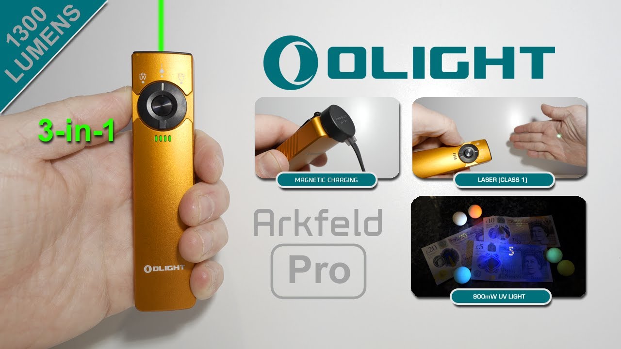 OLIGHT Arkfeld Pro Flat Flashlight – 1300 Lumens – Green Laser & LED – Rechargeable – Class 3R