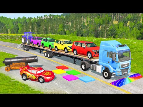 Flatbed Truck McQueen | Transportation with Truck - Pothole vs Car #41 | BeamNG.Drive Gameplay