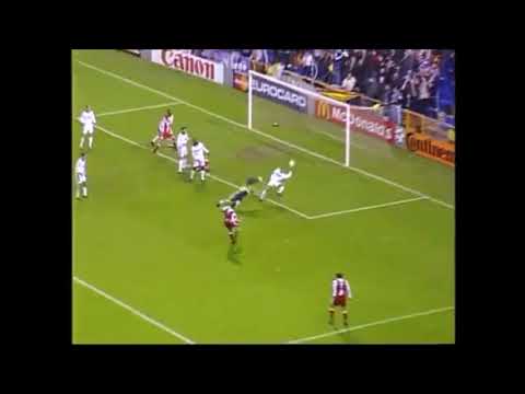 Real Madrid   Olympiakos 1999 Roberto Carlos saves like a goalkeeper to corner kick
