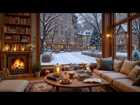 Cozy Winter Coffee Shop Jazz ❄️ Warm Piano & Crackling Fireplace Sounds for Study & Focus